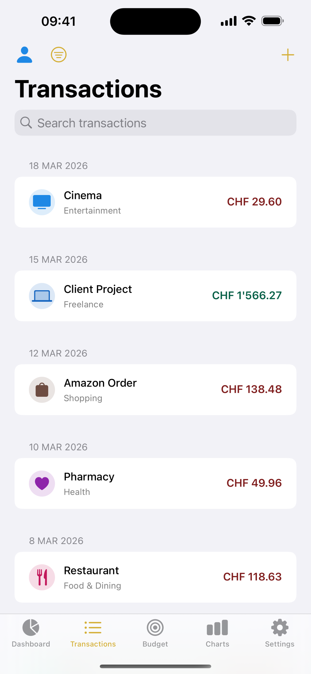 Transaction list with categories