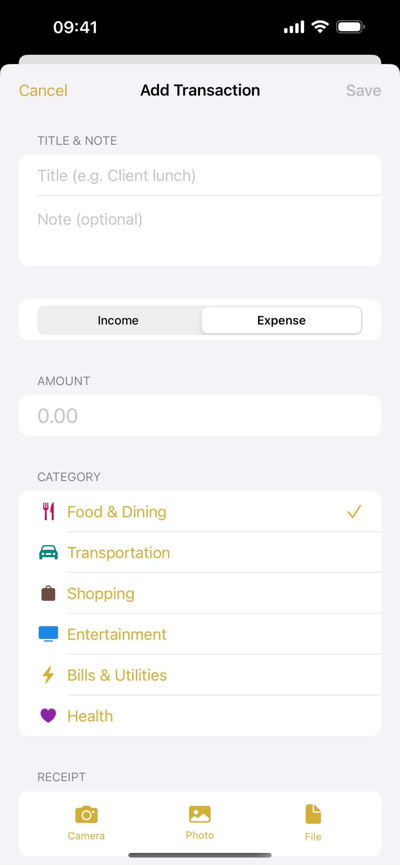 Add transaction with categories and receipt