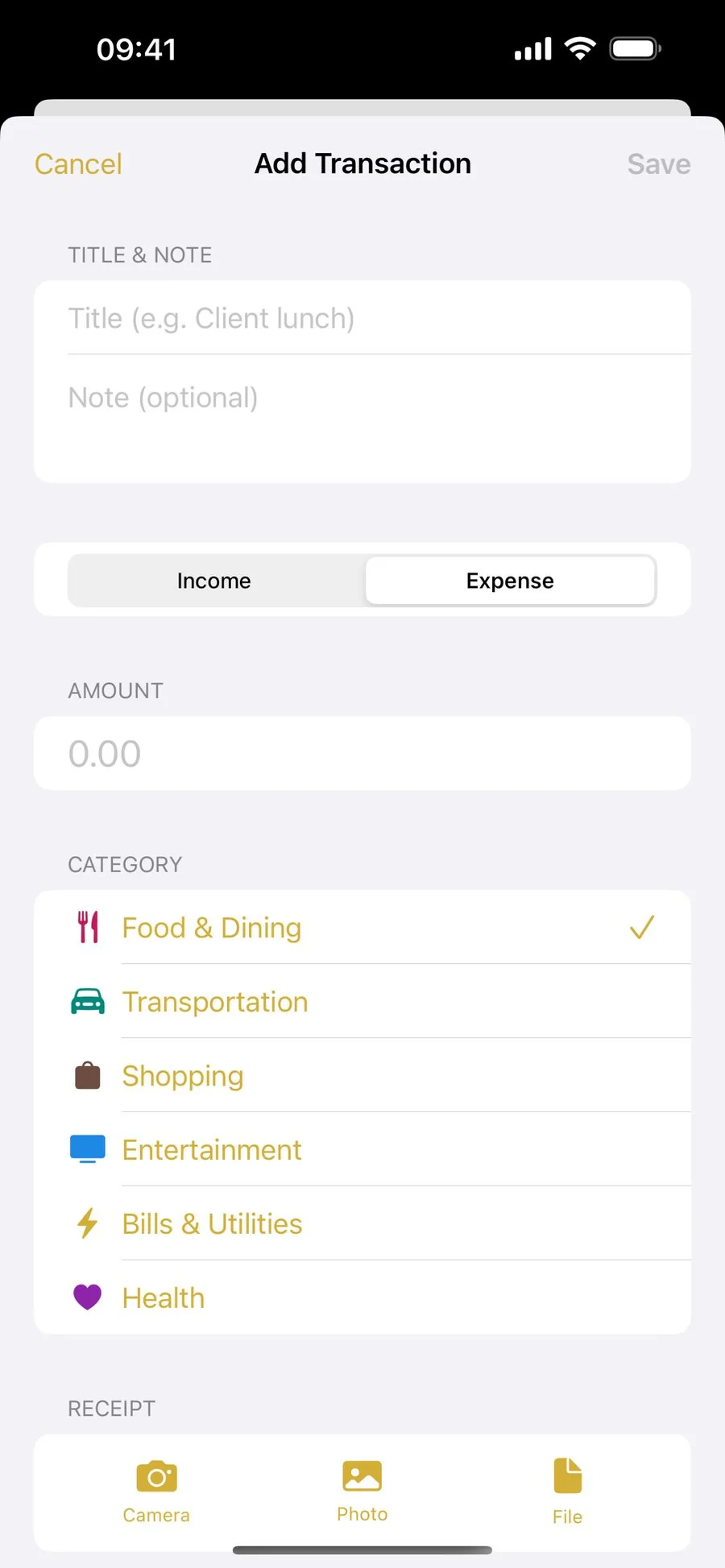 Add transaction with categories and receipt