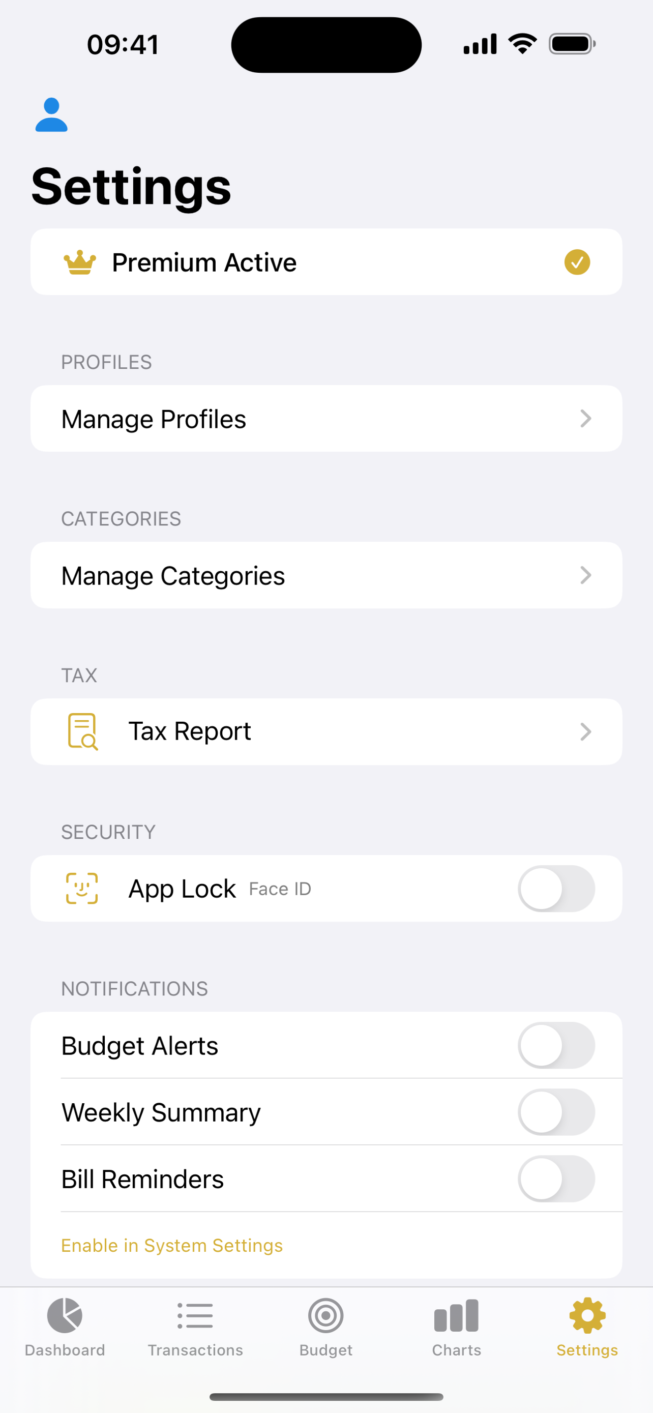 Settings with profiles, tax, and security