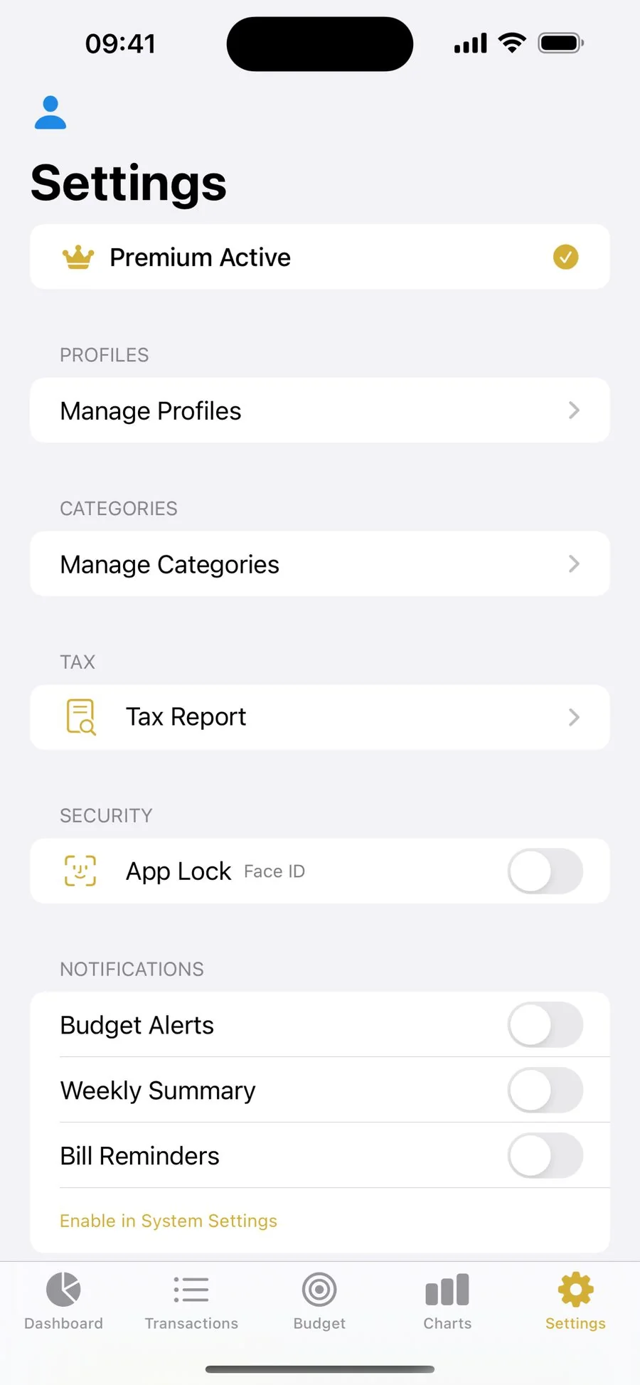 Settings with profiles, tax, and security
