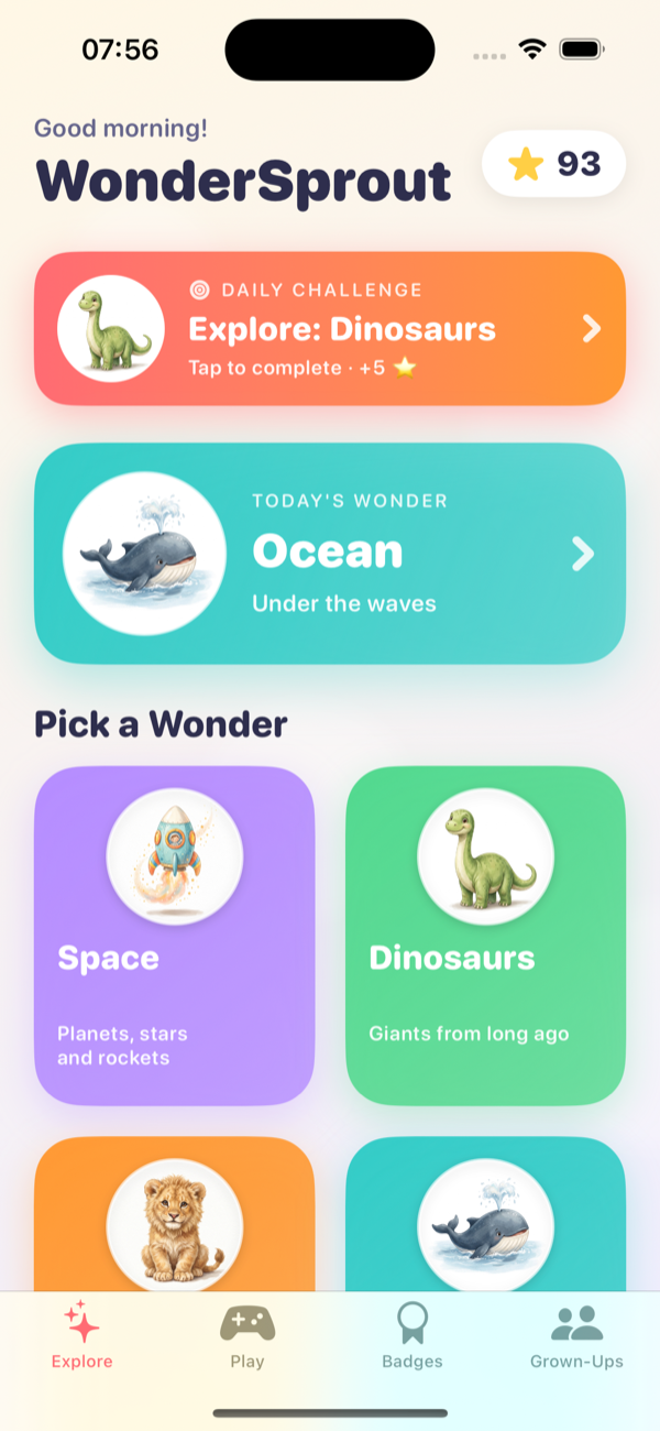 WonderSprout home screen with daily challenge and Pick a Wonder grid