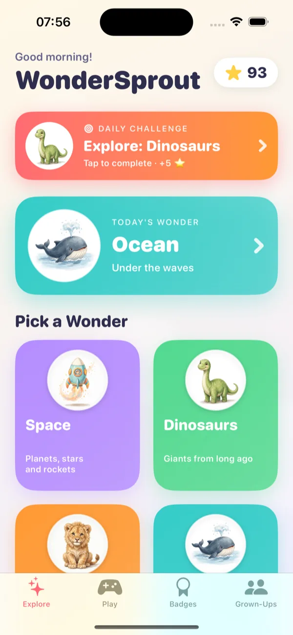 WonderSprout home screen with daily challenge and Pick a Wonder grid