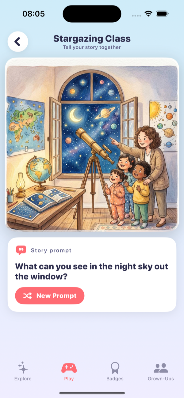 Story maker with an illustrated scene and story prompt